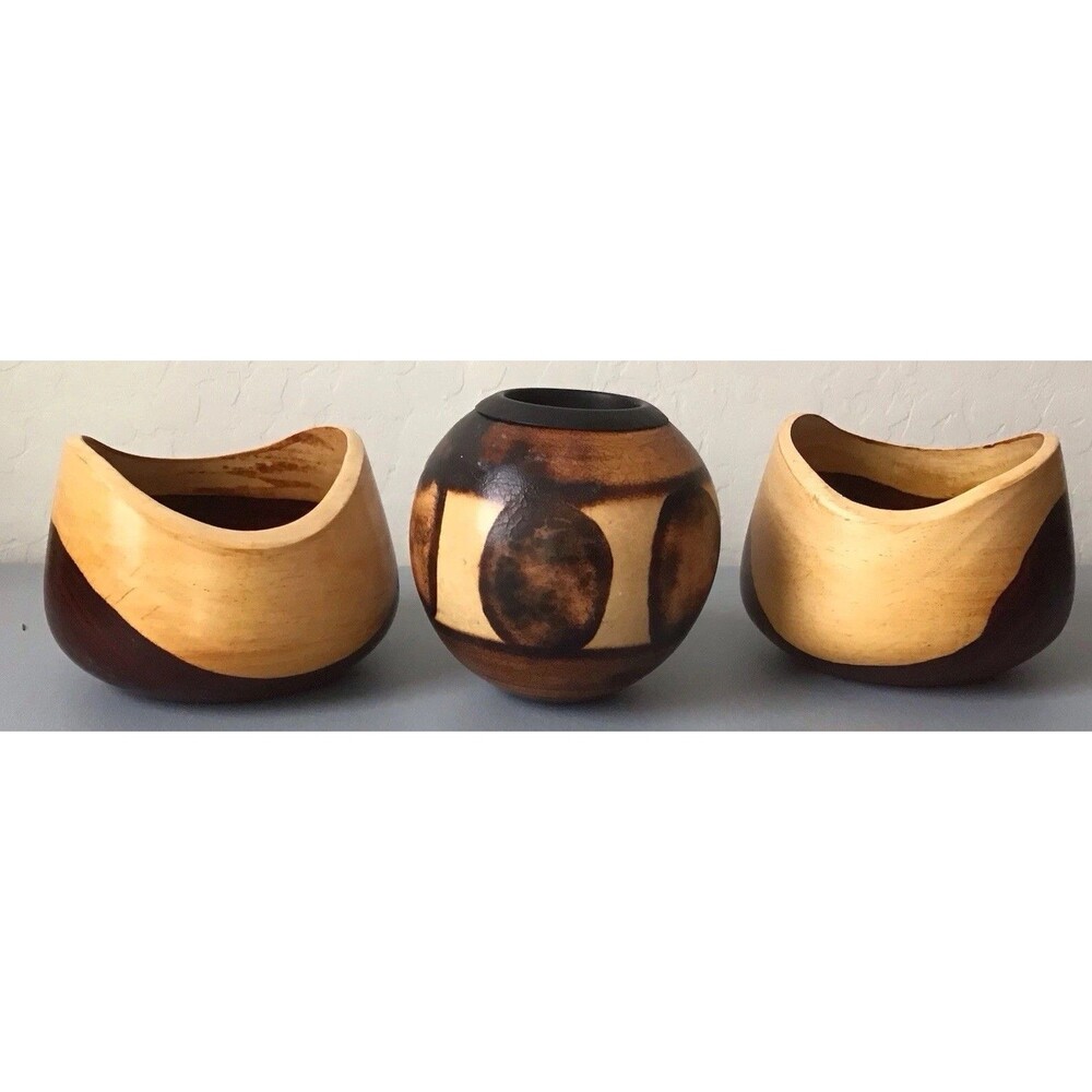 Blonde & Brown Turned Wood 3-Piece Set- 2 Art Bowls & Candle Holder Handmade VTG